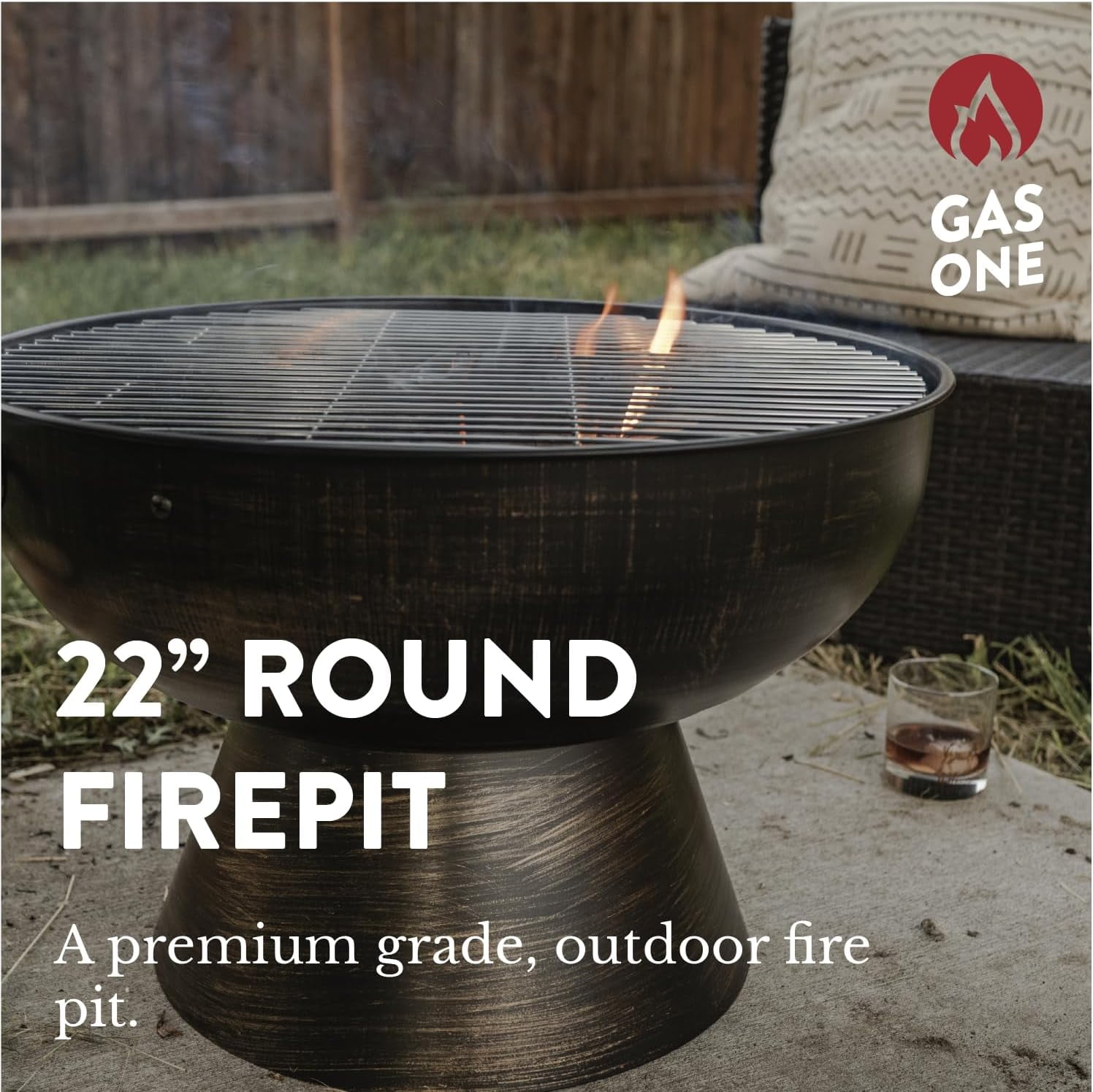 GasOne 22 in Round Outdoor Fire Pit – Wood Burning Fire Pit with Mesh Lid and Fire Picker – Durable