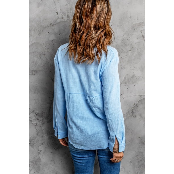 ABPHQTO Camisa Básica Mujer Azul Cielo Textura Color Sólido