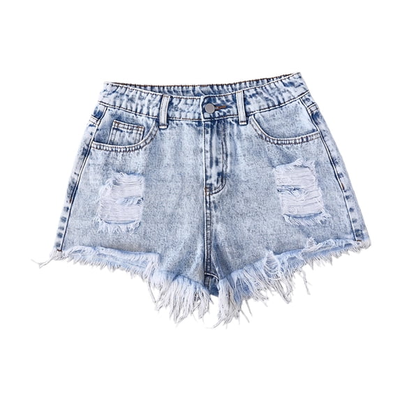 YunPes Denim Shorts Girls Summer High Waist Straight Leg Ripped Raw Hem Y2K Casual Jean Shorts Kid Cute Denim Hot Pants Washed Jeans