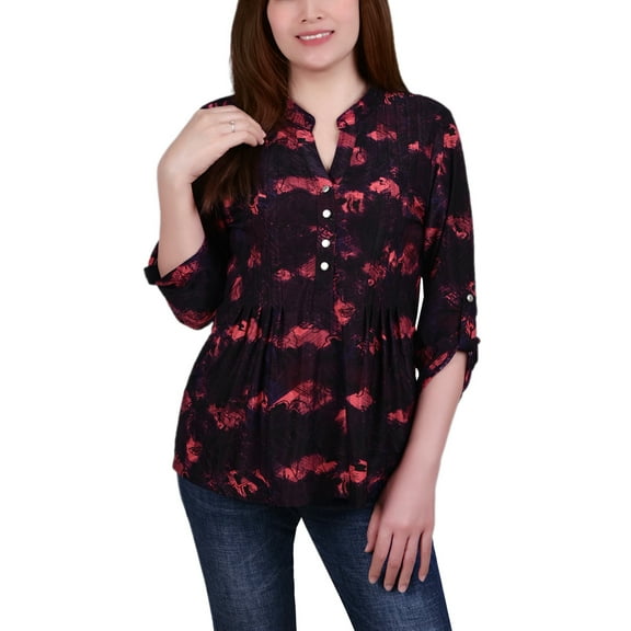 NY Collection 3/4 Roll Tab Sleeve Y-Neck Top