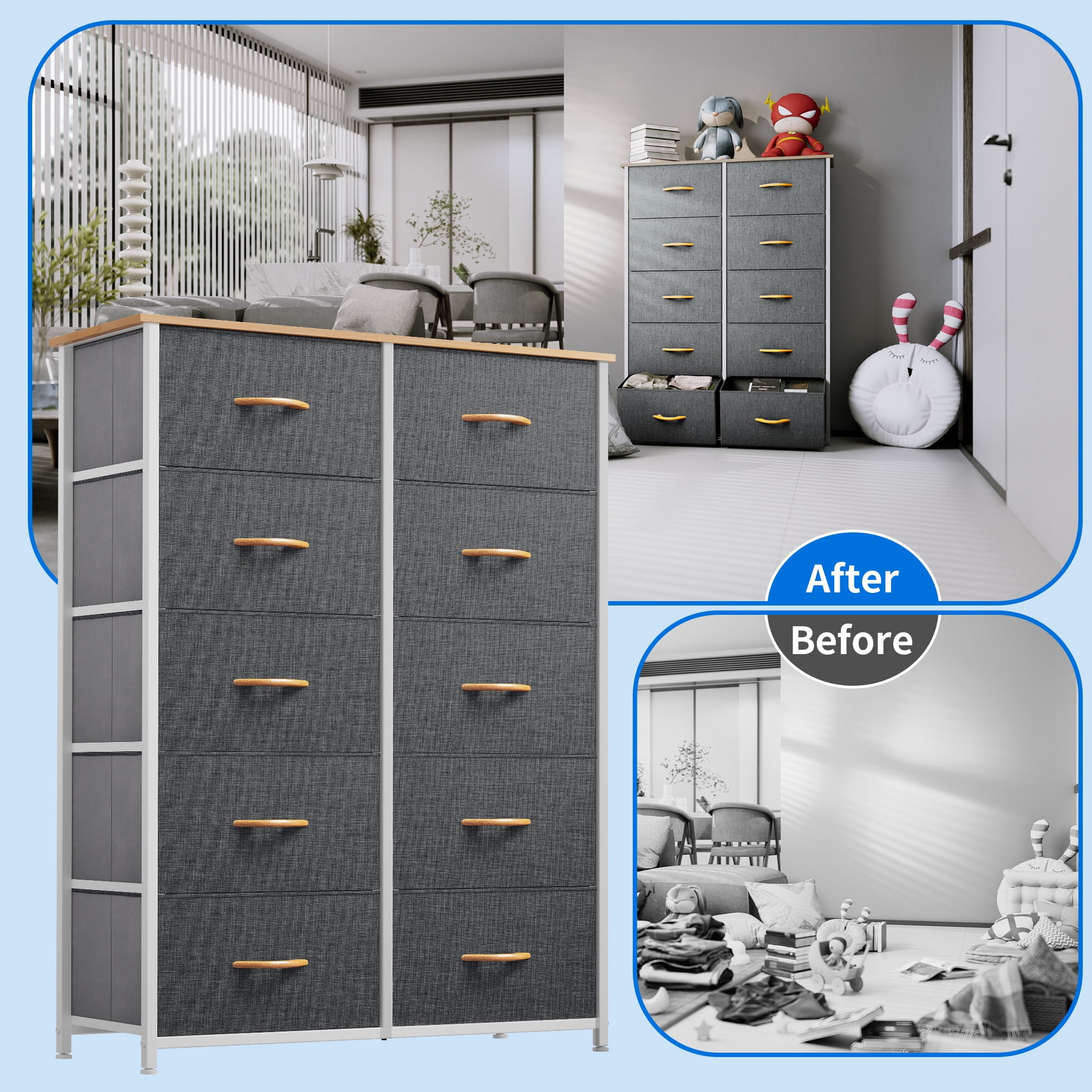 Uforic 10 Drawer Dresser, Chest of Drawers for Bedroom Fabric Dressers Bedroom Organization Cabinet Fabric Containers Grey