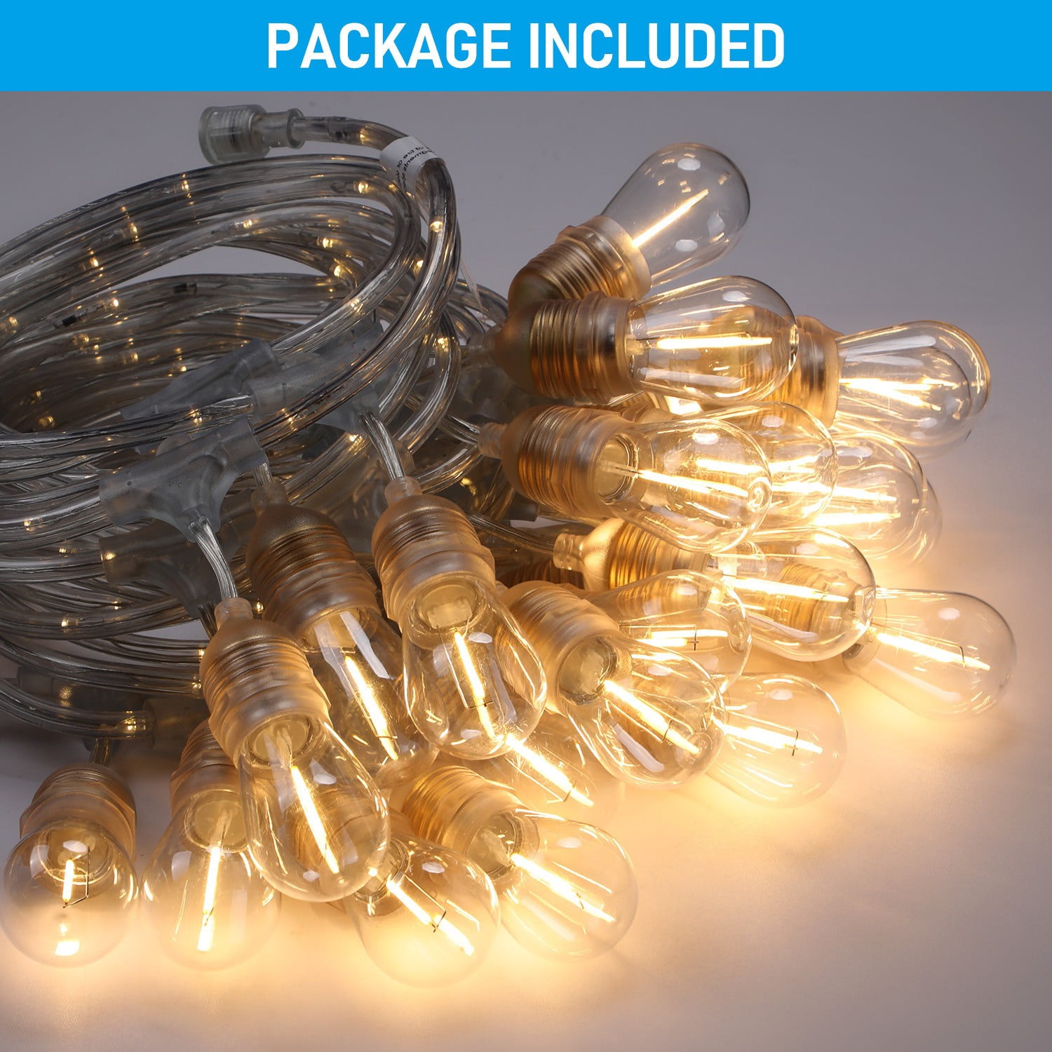 2 Pack 48" LED Outdoor String Lights, Commercial Grade 18AWG Copper Wire, 120V UL Listed Plug, Clear White Waterproof Hanging Light, 24 Bulbs Included 2700K Soft White