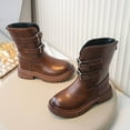 thumbnail image 2 of Girls Mid Calf Boots Adjustable Front Buckle Vintage Leather Back Zipper Round Toe Lug Sole Low Heel Motorcycle Booties 2 Big Kid Brown, 2 of 6