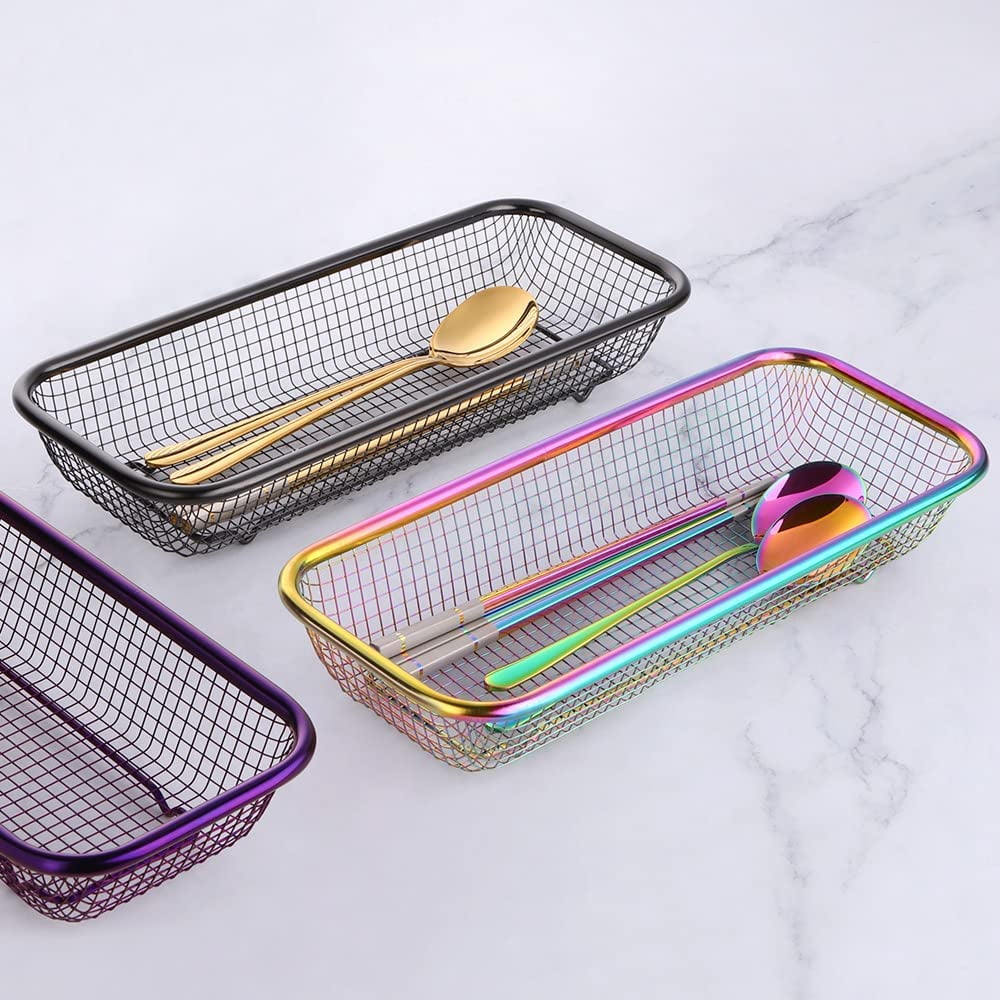 Kitchen Flatware Drawer Organizer, 2pcs Stackable Mesh Cabinet Storage Basket, Stainless Steel Kitchen Utensils Filter Drying Rack Holder for Knives, Fork, Spoon Chopsticks (Purple)