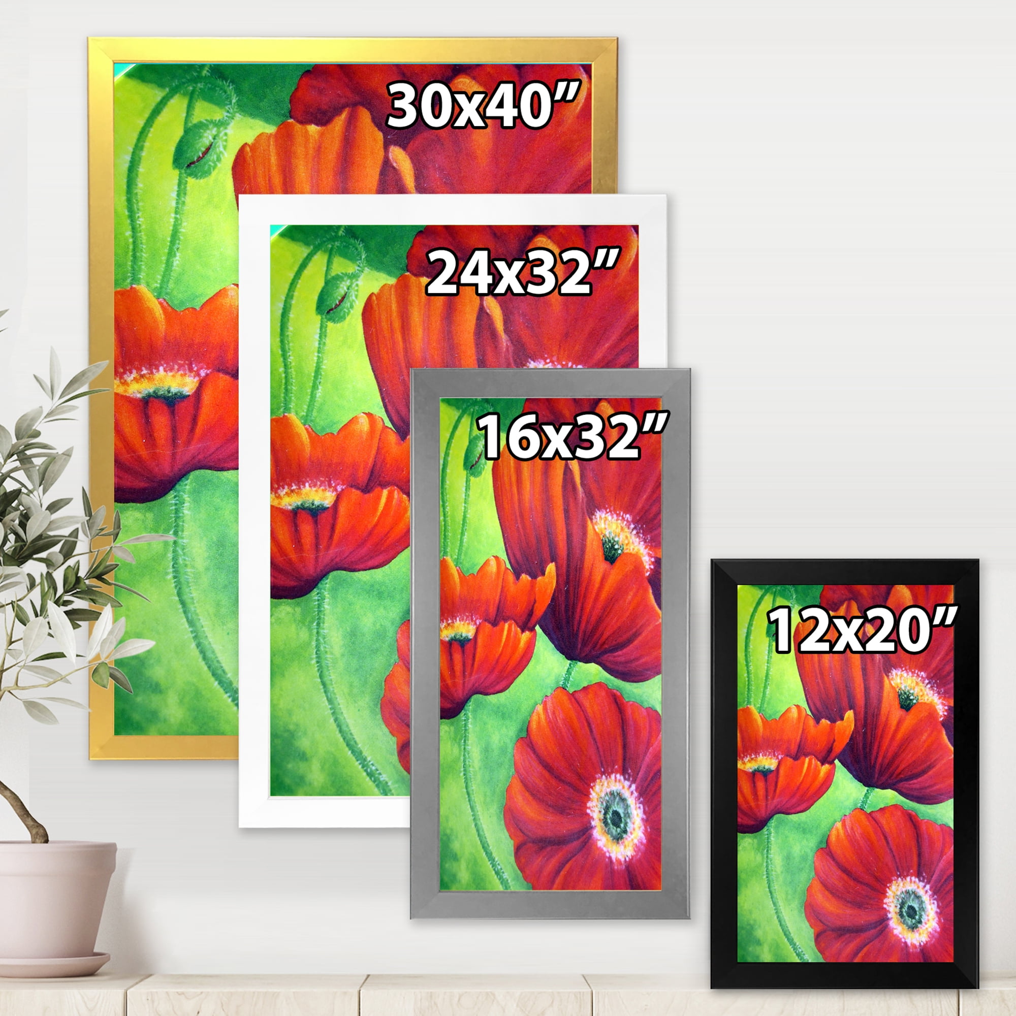 Designart 'Red Blossoming Poppies Over Wild Green V' Traditional Framed Art Print