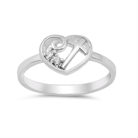 Clear Cubic Zirconia Cross In Heart Ring Sterling Silver