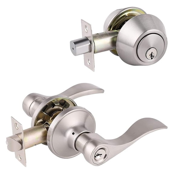 Keyed Alike Entry Door Lock Set Handle and Double Cylinder Deadbolt Combo Door Handleset, Finished