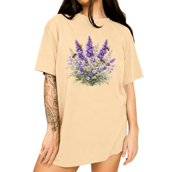 UNISHE Botanical Lavender Bee Print Short Sleeve Crew Neck Graphic Tee for Women