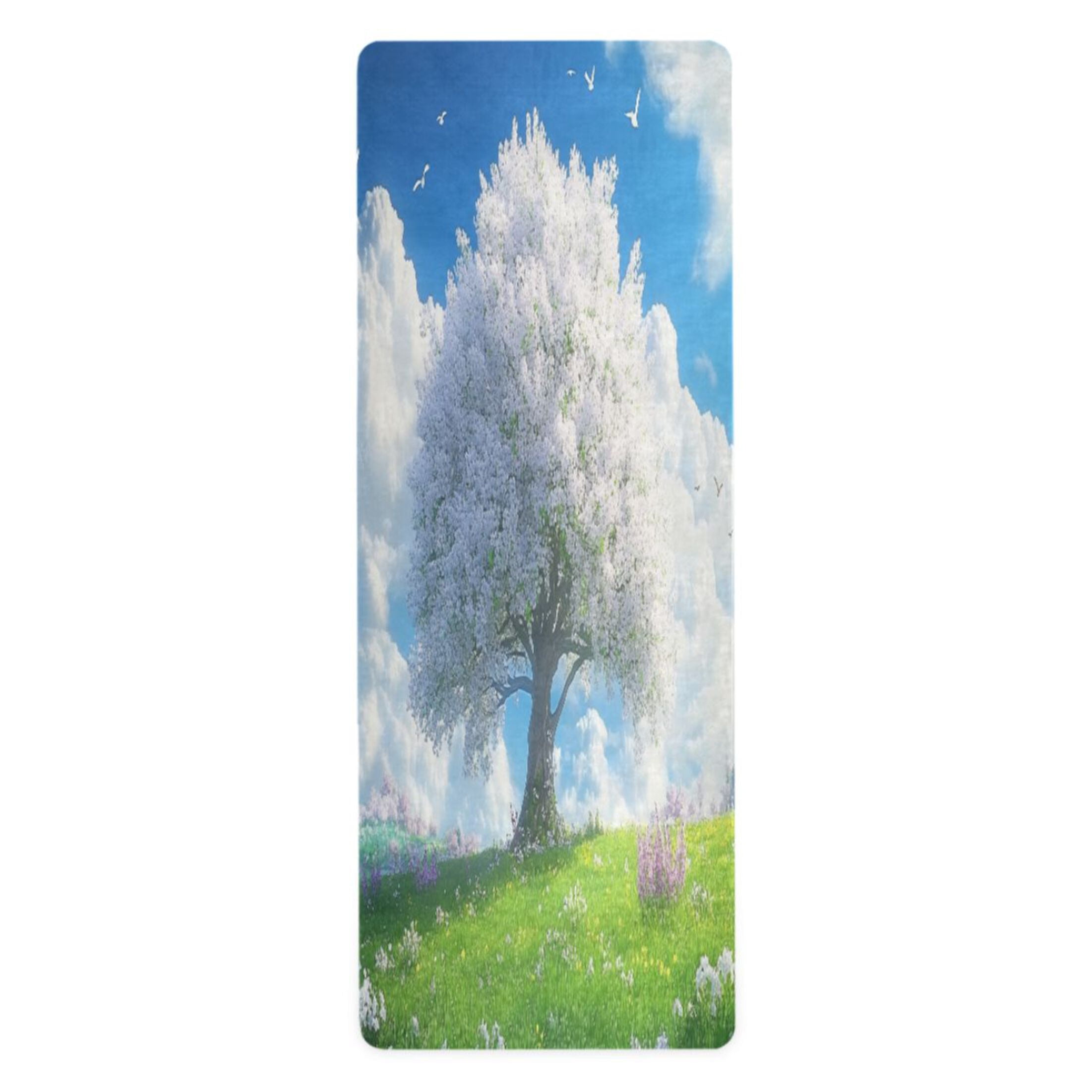 BZSMCE Yoga Mat Women Blossoming Tree in Sunny Field Fitness Mat