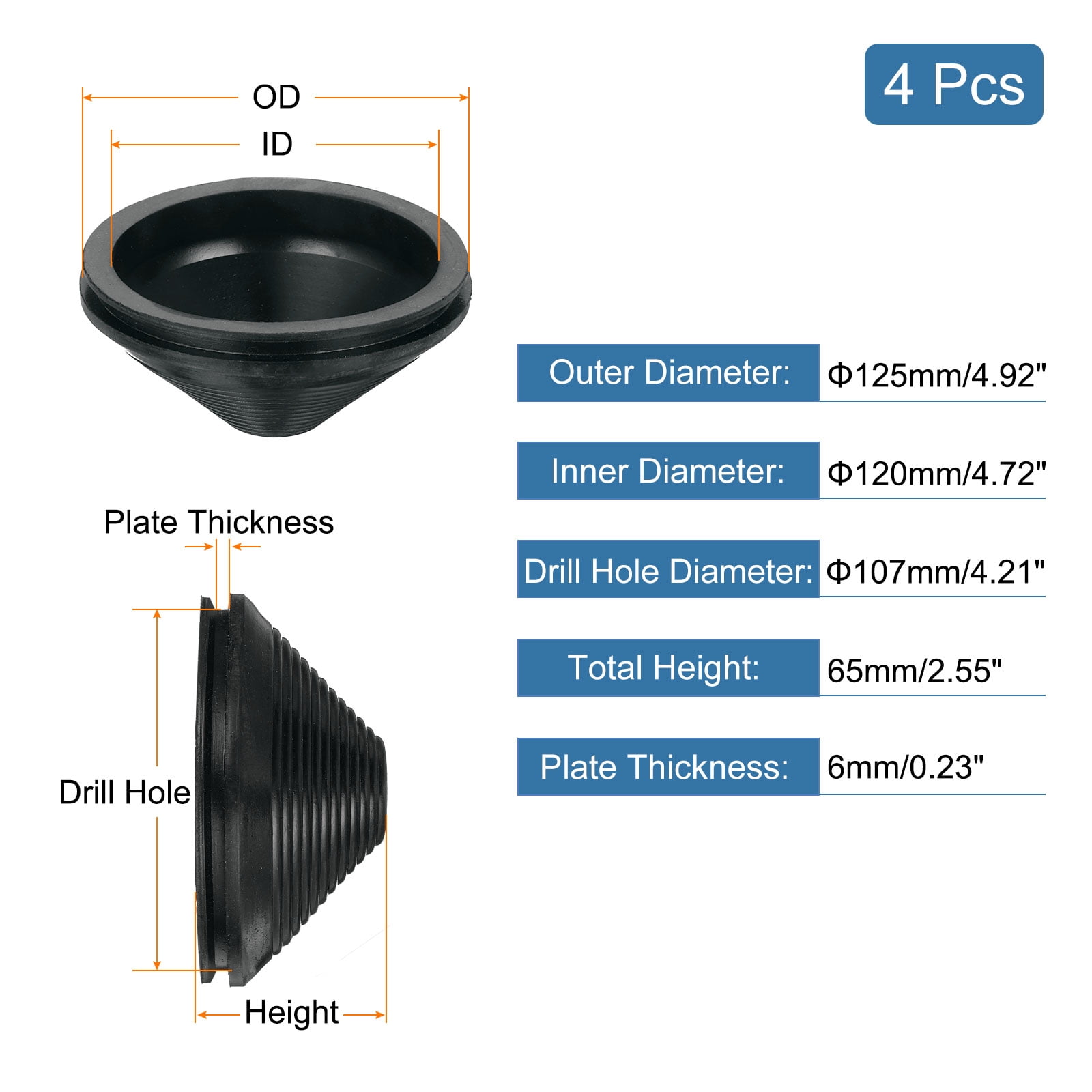 4 Pcs Tower Shaped Grommet 120mm 4.72 Inch, Rubber Plugs Hole for Wire Cable