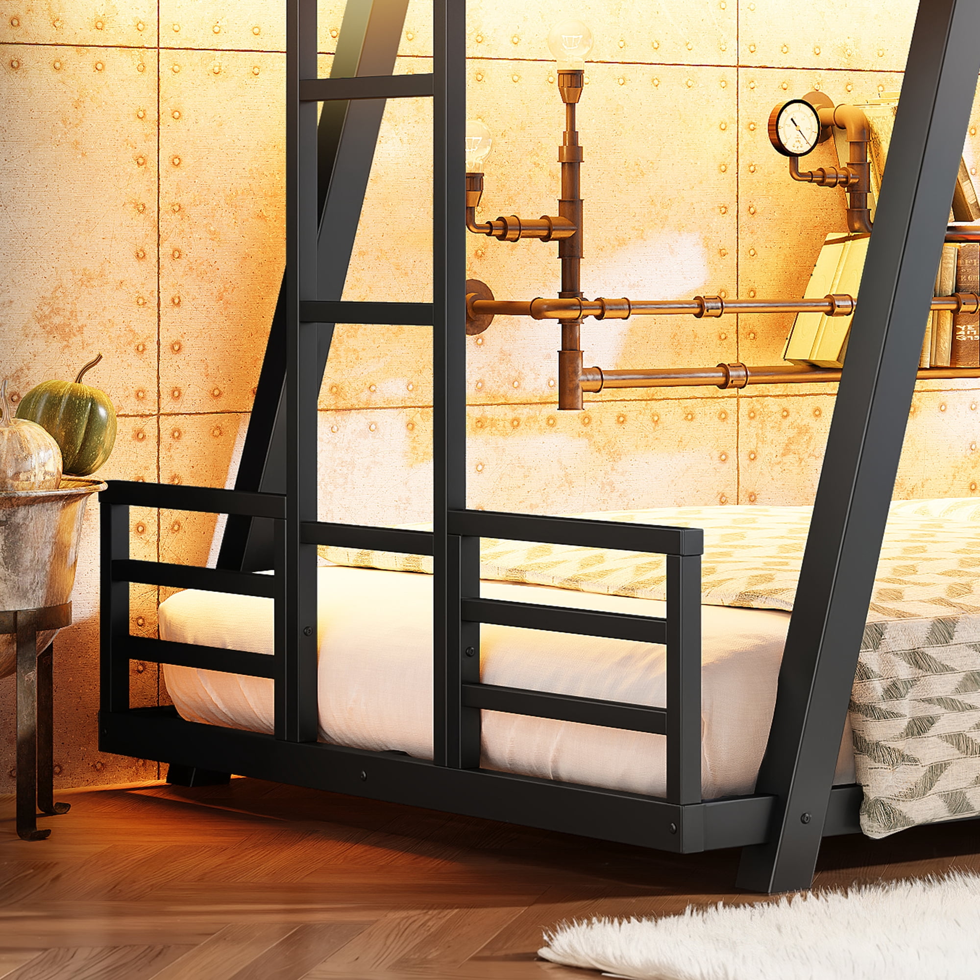 Leumius Twin XL over Twin XL Bunk Bed Frame with 2 Side Ladders, Metal Bunk Bed with Spdcial Support Leg Design and LED Light, Low Profile Bunk Bed for Teens Adults Black