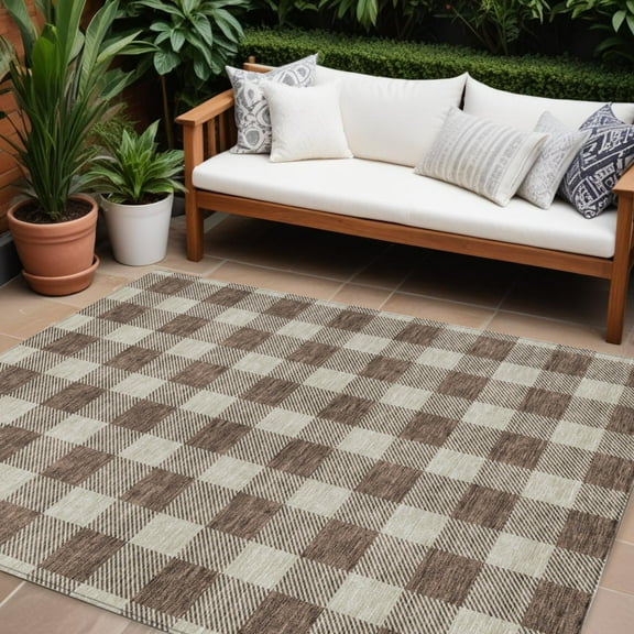 HomeRoots 595383 9 x 12 ft. Brown & Beige Plaid Washable Indoor & Outdoor Rectangle Area Rug