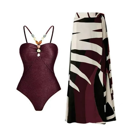 Stephy Women Casual Abstract Floral Print 1 Swimwear+1 Cover Up Two Vintage Print Swimsuit Monokini Bikini 2 Swimsuits Two  Red Women s Two Piece Swimsuits  M