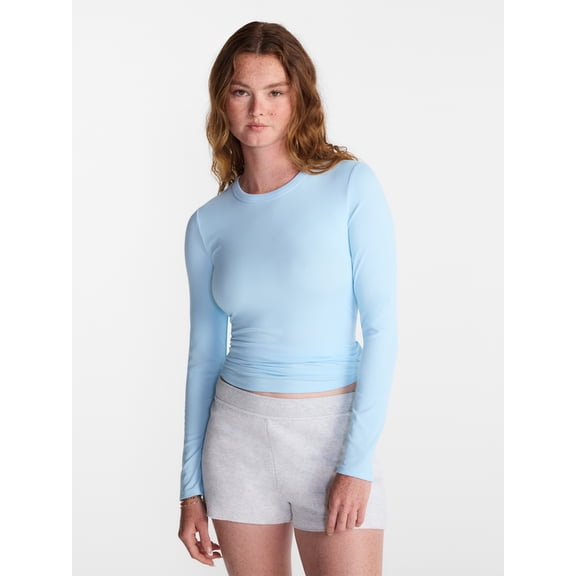 No Boundaries Ribbed Crewneck Tee with Long Sleeves, Women's and Women's Plus XXS-4X