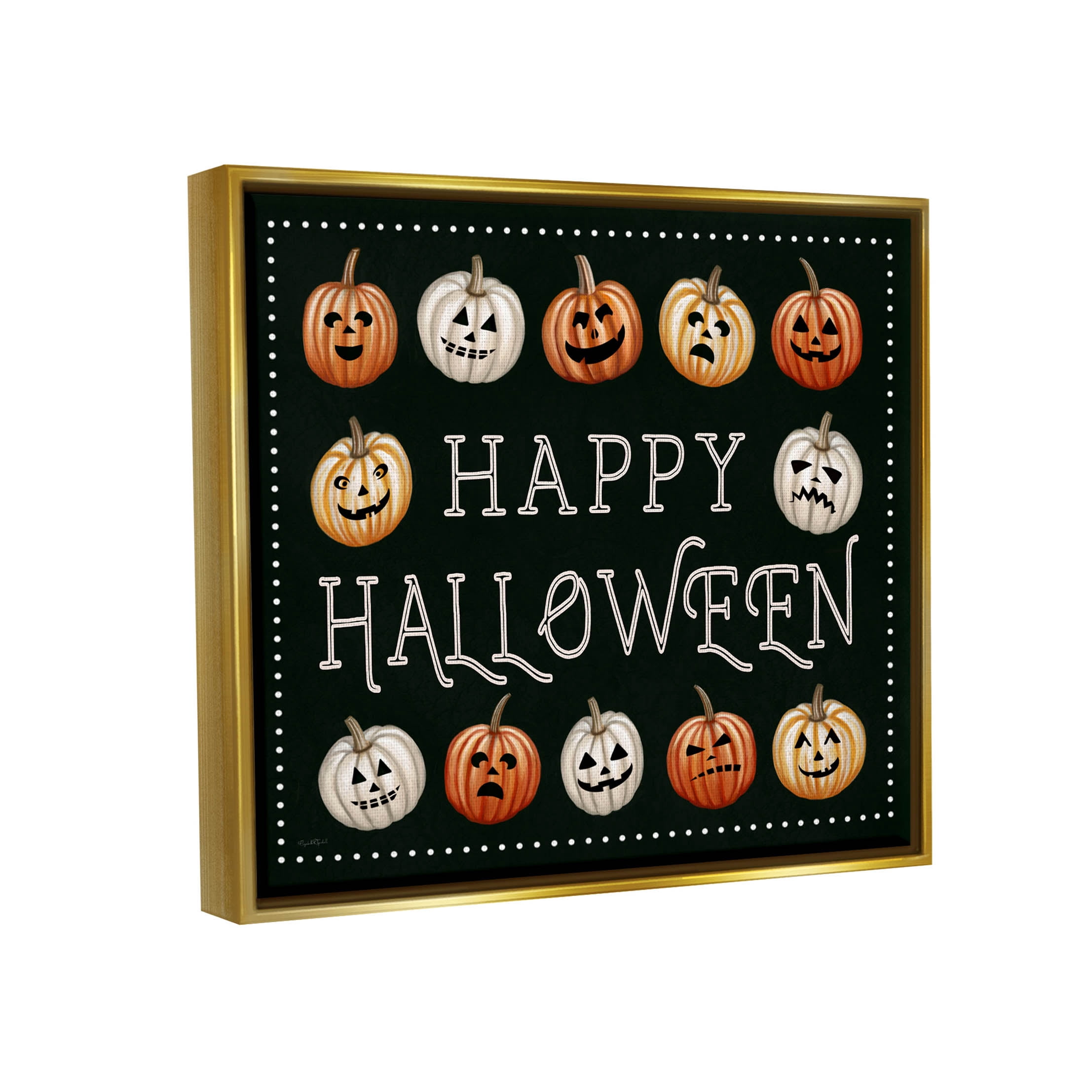 Stupell Industries Happy Halloween Jack-o-Lanterns Graphic Art Metallic Gold Floating Framed Canvas Print Wall Art, Design by Elizabeth Tyndall