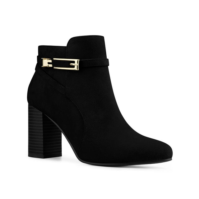 Unique Bargains Bottines à Talon Épais à Bout Rond avec Boucle pour Femme Noir US 7.5