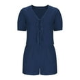 thumbnail image 6 of Women's Summer Outfits 2 Piece Shorts Set Cute Puff Short Sleeve V Neck Tie Front Crop Tops and Shorts (2XL, Navy), 6 of 7