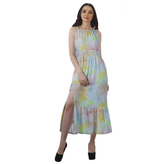 Moomaya Robe de Vacances Sans Manches en Rayonne à Col Halter avec Fente avant pour Femmes