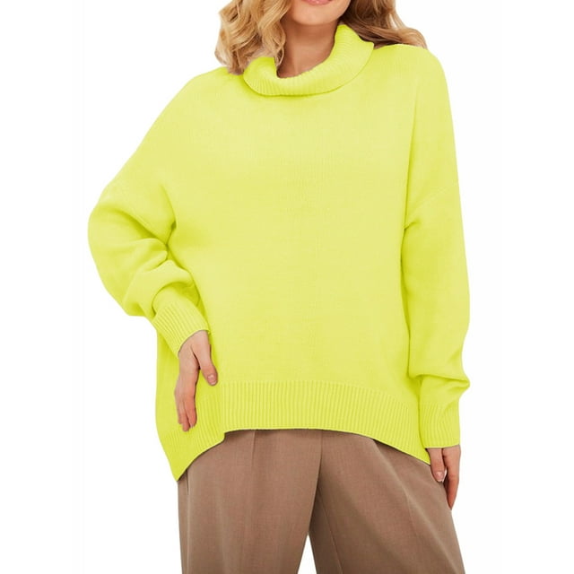 FOCUSNORM Chandail à Col Roulé Ample pour Femmes, Couleur Unie, Manches Longues, Pulls d'Automne et d'Hiver, Tricot Chaud, Mode Urbaine