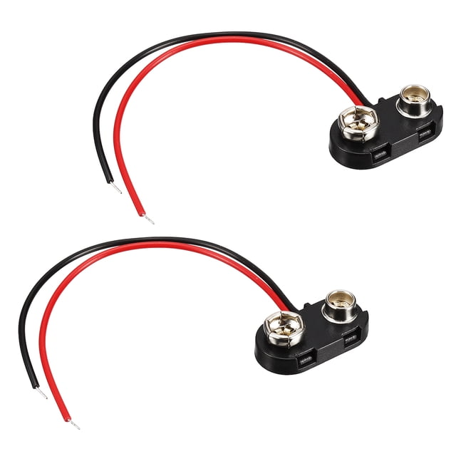 Unique Bargains 2pcs DC 9V Battery Clip T-Type Buckle Connector Lead Wire 10cm Long. Two black plastic T-type connectors with red and black insulated leads, each measuring 10cm. Suitable for 9-volt batteries, electrical accessories, and DIY projects requiring small current loads. Compact and easy to use.