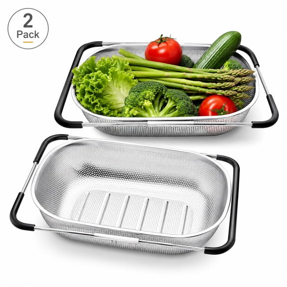 Colander Set, Large Stainless Steel Mesh Strainer and Fine Mesh Strainer, Expandable Over Sink & Bowl, Durable Strainers and Colanders for Kitchen, Pasta, Fruits & Vegetables