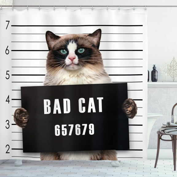 Cat Lover Decor Shower Curtain Set, Bad Gang Cat In Jail Kitty Under Arrest Criminal Prisoner Hangover Artsy Work, Bathroom Accessories, 69W X 70L Inches, By Ambesonne