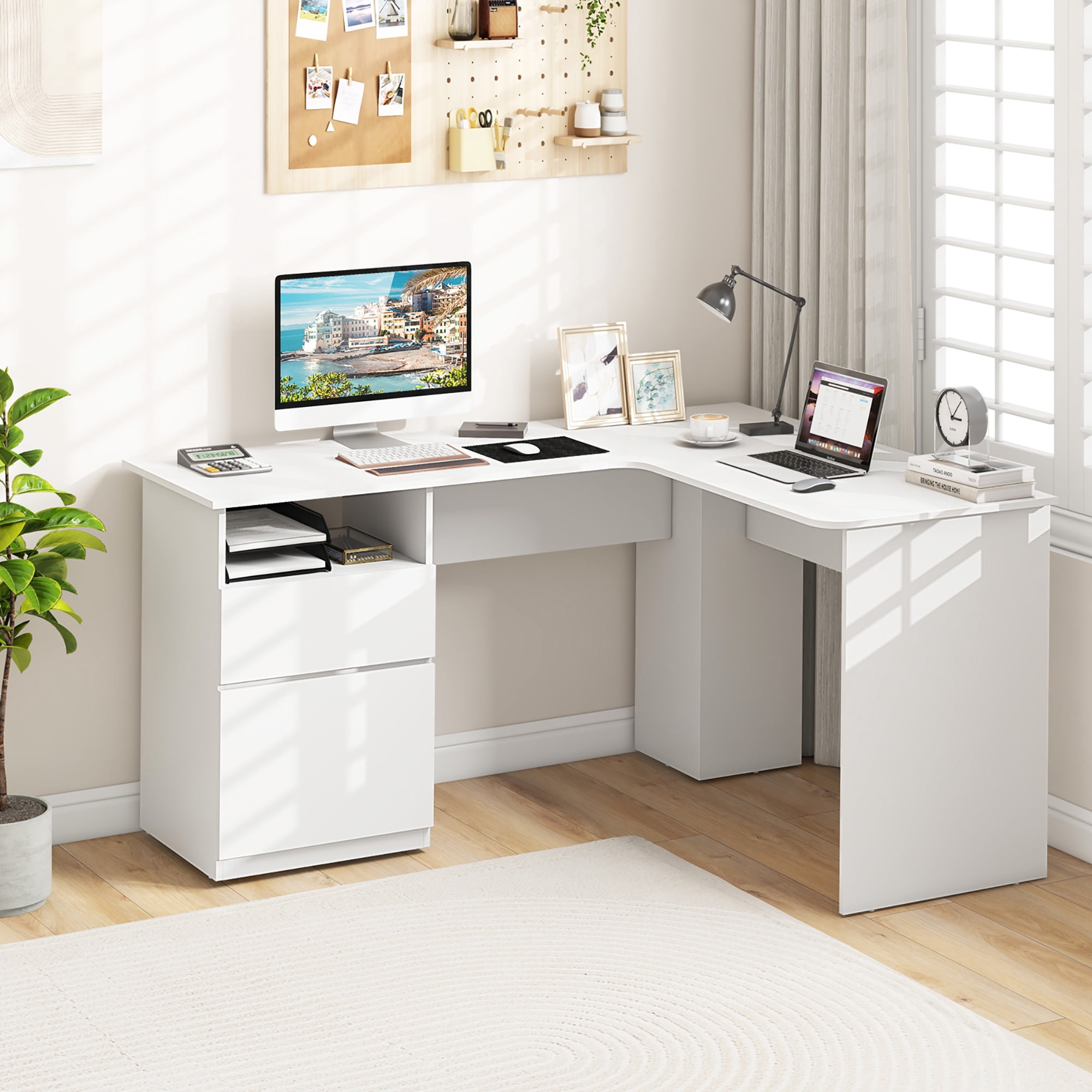 Gymax 59'' Corner Computer Desk L-Shaped Desk w/ Letter Size File Drawer & Open Shelf White