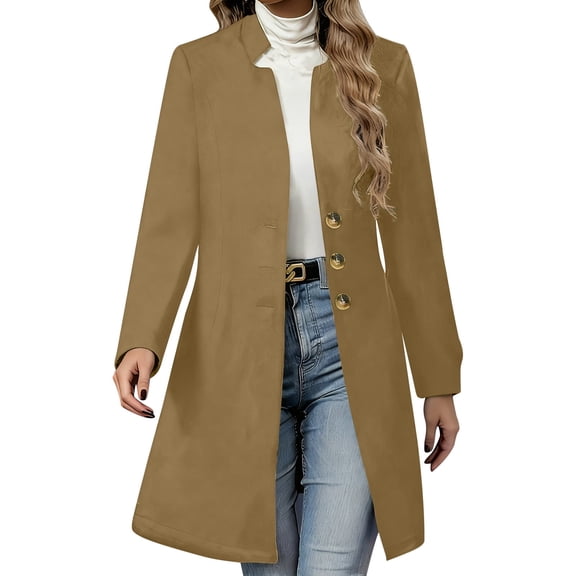 SYMOID Womens Mid-Length Tailored Coat - 50% Wool 50% Polyester Blend, Stand Collar, KH Color, S-XXL, Warm for Fall to Early Winter Office & Casual,Size S