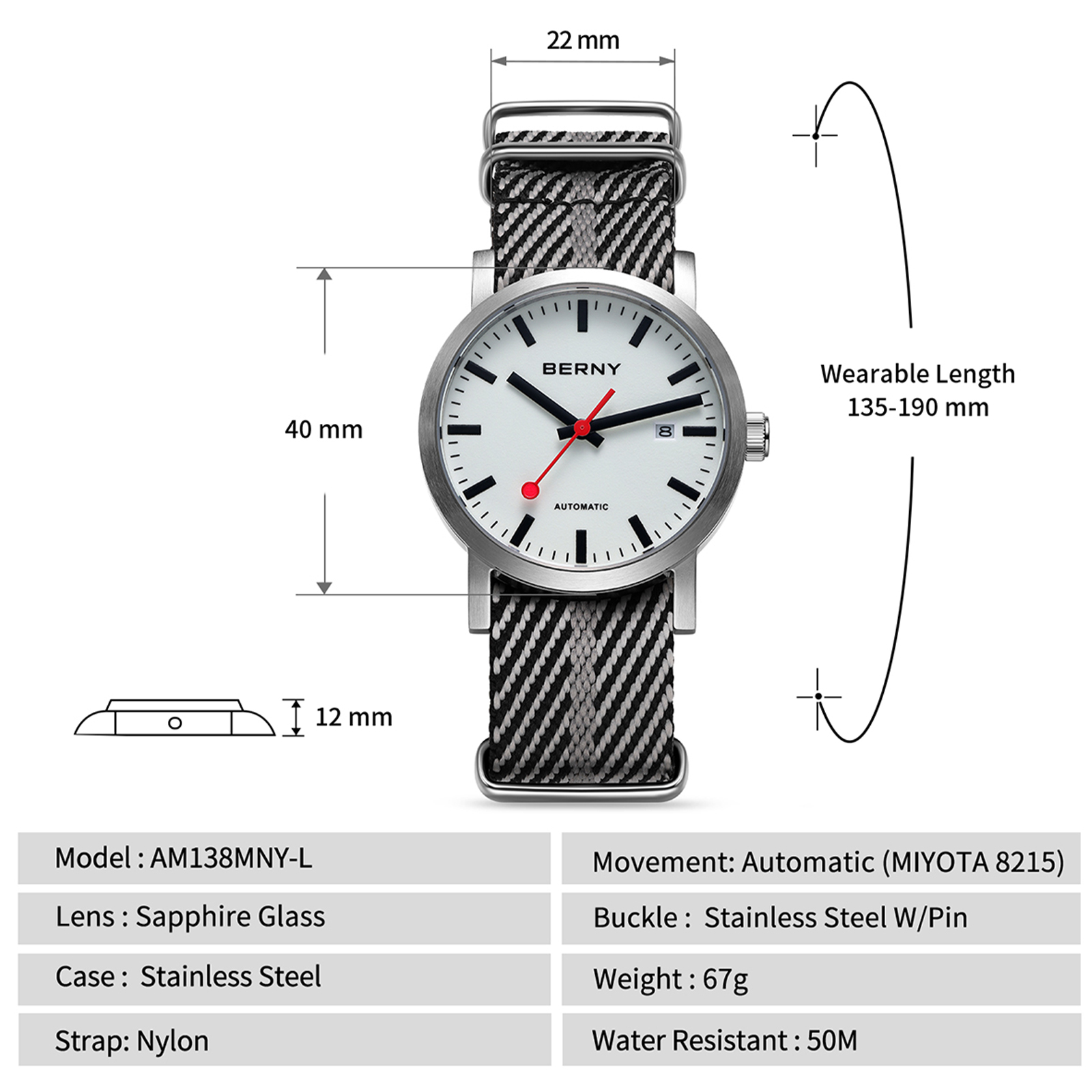 BERNY Automatic Watches for Men, Luxury Self Winding Mechanical Dress Watch with Date, Nylon Strap, Sapphire Crystal, Luminous, Stainless Steel, 50M Waterproof, Minimalist Mens Watches (White)