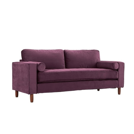 Mid Century Modern Velvet Fabric Sofa Couch With Bolster Pillows Mid Century Modern Velvet Fabric Sofa Couch With Bolster Pillows Purple