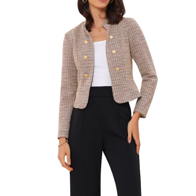 BLAZER DE TWEED PARA MUJER INSPIRADO CHIC, CON CUELLO ALTO, CORTO Y ABIERTO, COLOR L AMARILLO Y ROSA