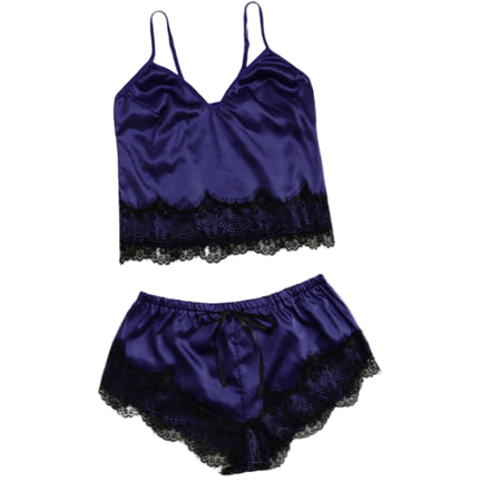 

wsevypo 2pcs Women Sexy Satin Lace Sleepwear Babydoll Lingerie Nightdress Pajamas Set