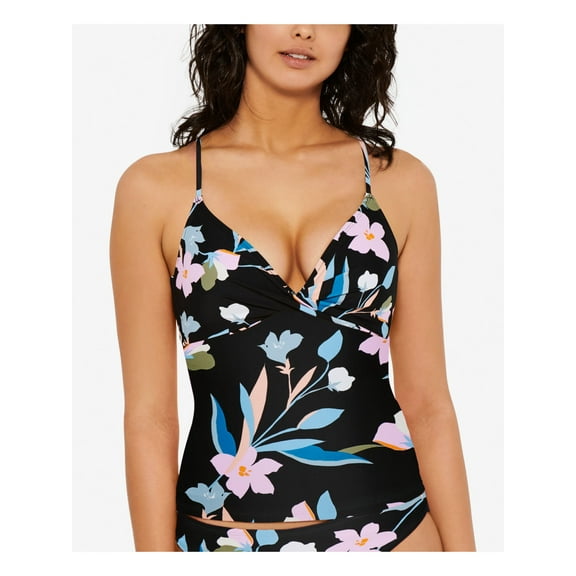 HULA HONEY Women's Black Floral Stretch Push-Up Fixed Cups Strappy Back  Lined Deep V Neck Twist Front Flourishing Floral Tankini Swimsuit Top XL