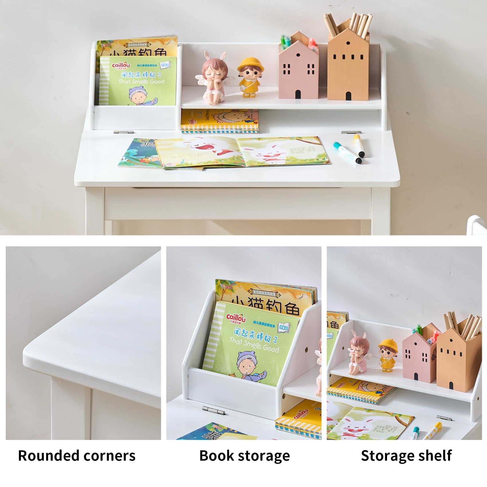 UNICOO® Bamboo Kids Desk and Chair Set, Lift-Top Desk & Chair Set for 3-8 Years Old, Children Writing Desk with Storage and Hutch for Home School Use (C007 - White)