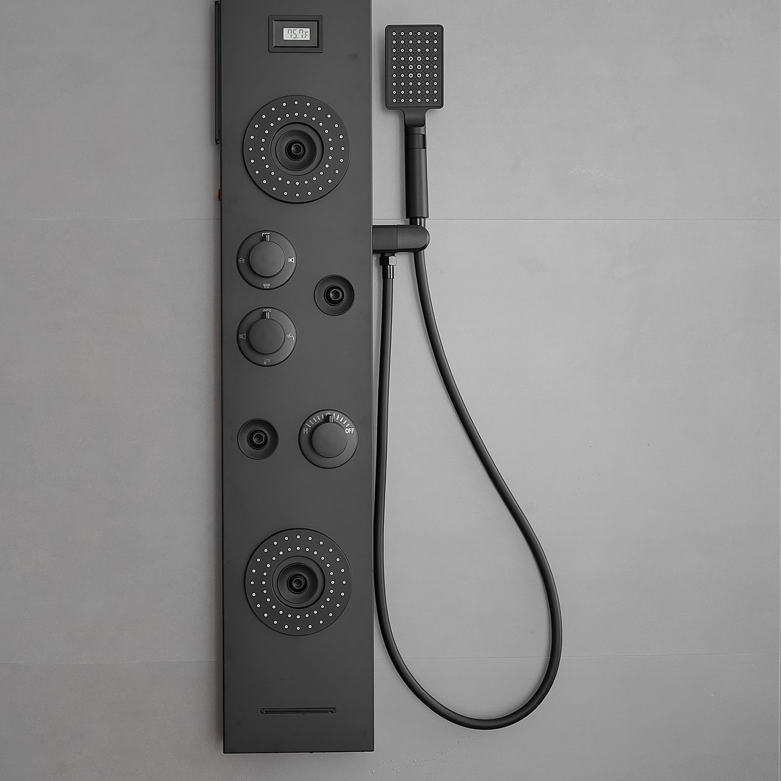 5-Jet Rainfall Shower Panel System with Rainfall Waterfall Shower Head and Shower Wand With LED Light in Stainless Steel