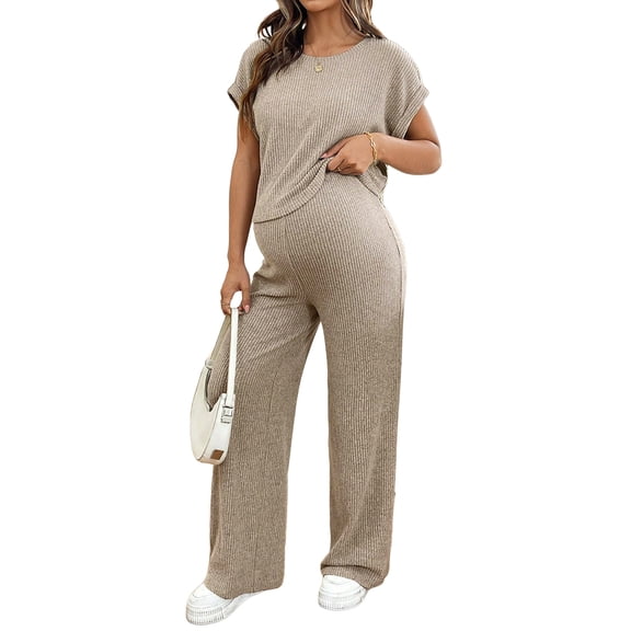 DOKOTOO Women's Maternity Sets 2 Piece Sets Ribbed Knit Short Sleeve Outfit Maternity Lounge Wear Soft Pregnant Pajamas Plus Size Sweatsuits Sets