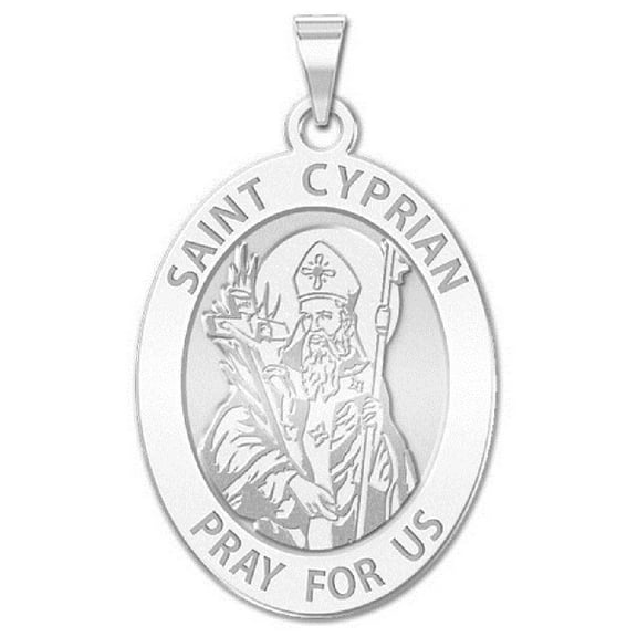 Picturesongold.Com Saintcyprian Oval Religious Necklace Pendants Unisex Adult 10k White Gold-2/3X3/4