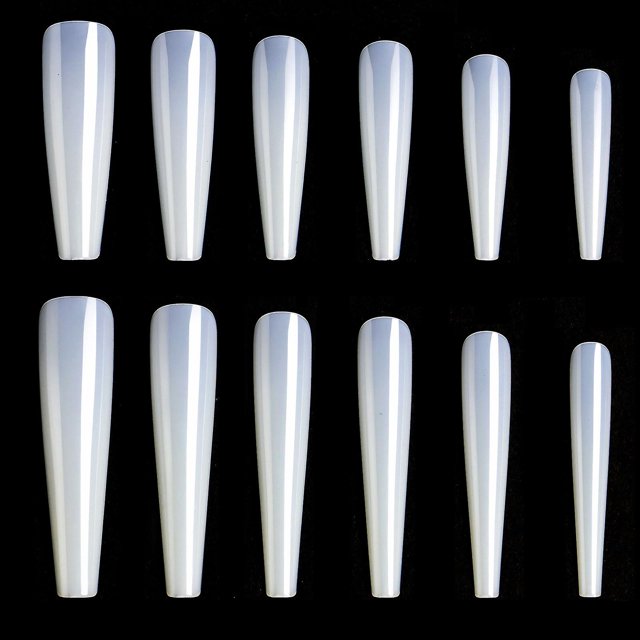 White Uñas postizas largas, uñas acrílicas blancas/claras, puntas de uñas en forma de ataúd de cubierta completa