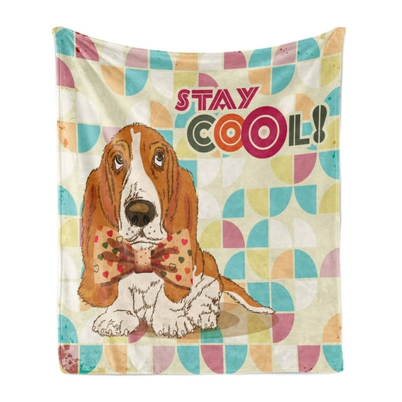 Stay Cool Soft Flannel Fleece Throw Blanket, Funny Basset Hound Dog with Tie Bow Hipster Colorful Background Print, Cozy Plush for Indoor and Outdoor Use, 60" x 80", Multicolor, by Ambesonne