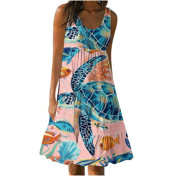 Giftesty Summer Dresses for Women Womens Fashion Holiday Summer Casual Printing Sleeveless Party Beach Loose Dress