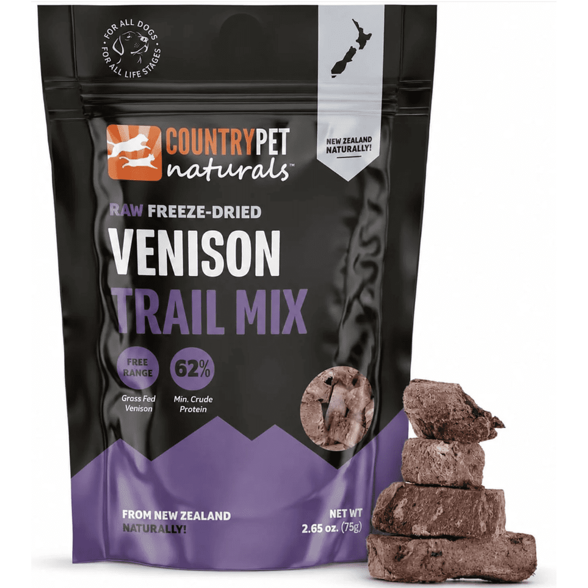 CountryPet Naturals Raw Natural New Zealand Protein Bites Venison Training Treats for Dogs and Cats, 2.65 oz Bag