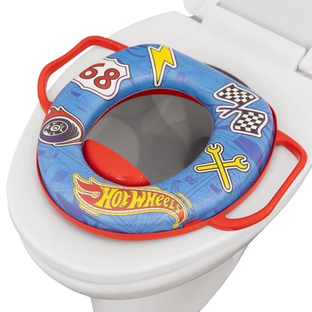 Hot Wheels Soft Potty Training Seat with Storage Hook, Non-Slip Potty Ring with Splash Guard and Built-in Handles for Toddlers