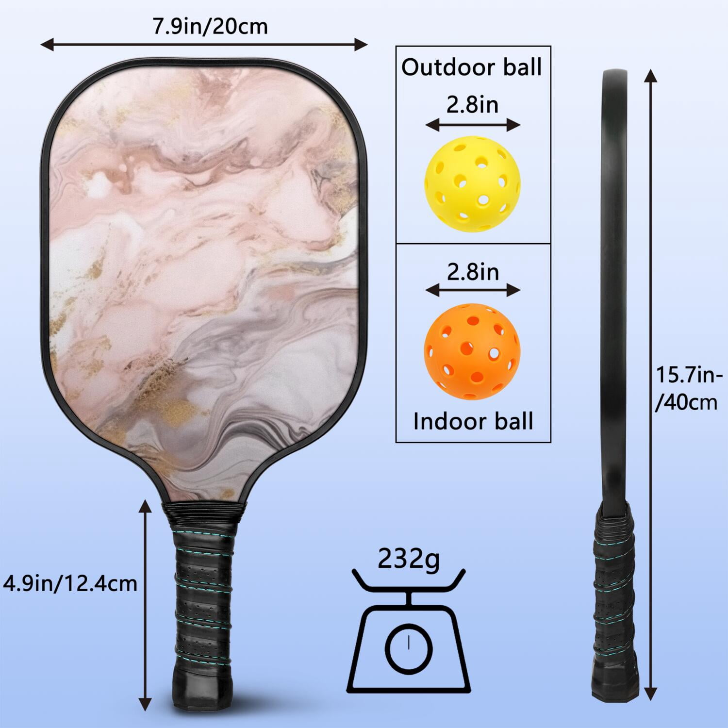 Pickleball Paddles Set Of 1, Fiberglass Surface, Turquoise Marble Pattern, 1 Paddle, 2 Balls & Bag