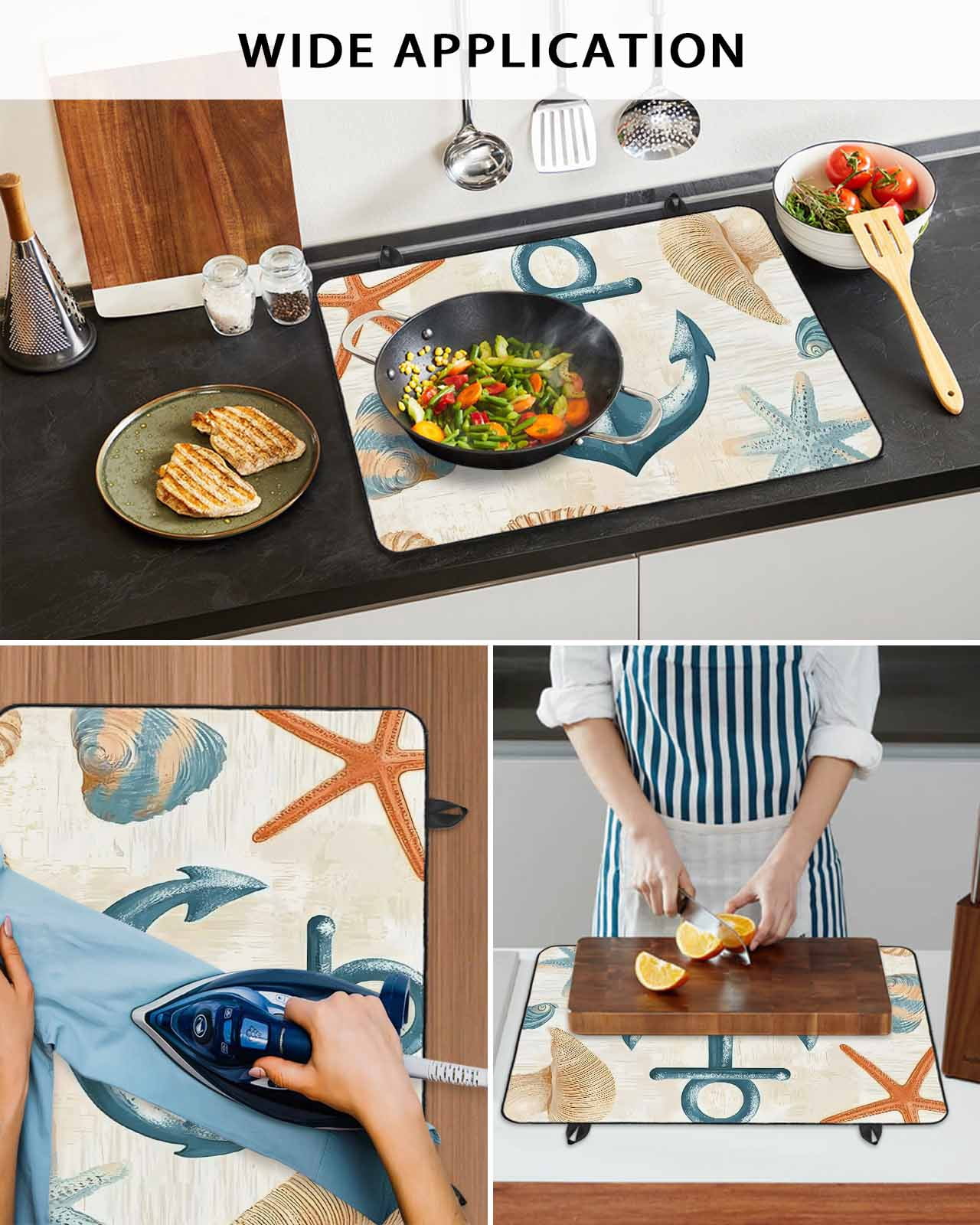 nqOlkjepod Large Induction Cooktop Protector Mat 28.5"x20.5", Nautical Anchor Stove Top Covers for Electric Stove, Coastal Ocean Vintage Starfish Shells Stove Burner Cover Mats Stove Cover