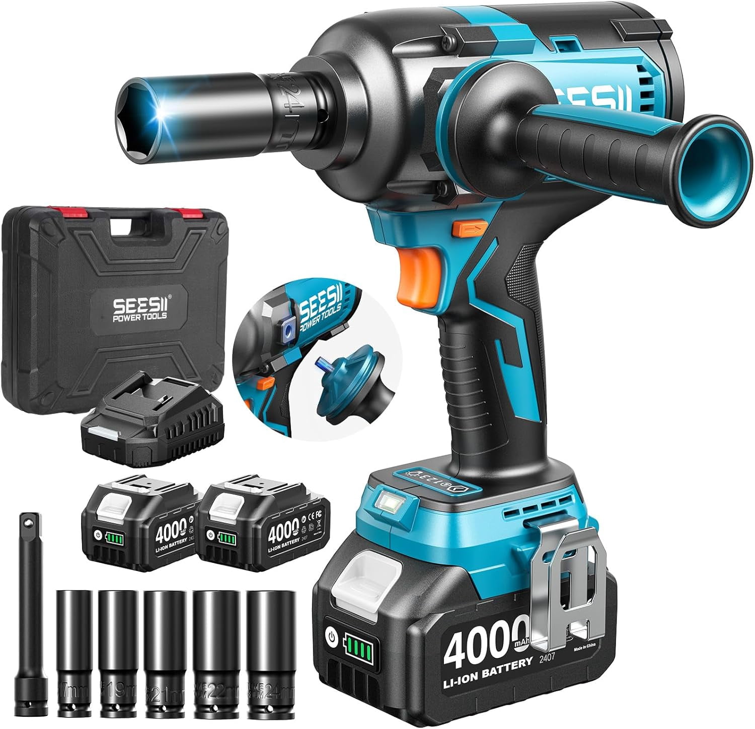 Seesii Brushless Cordless Impact Wrench 885Ft-lbs (1200N·m) 1/2" Impact Gun with Auxiliary Handle, 21V High Torque Power Impact Driver 2x 4.0Ah Battery