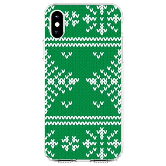 DistinctInk Clear Shockproof Hybrid Case for iPhone X / XS (5.8" Screen) - TPU Bumper, Acrylic Back, Tempered Glass Screen Protector - Green White Ugly Christmas Sweater - Christmas All Year