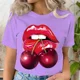 thumbnail image 3 of Ropa de verano, camisetas con estampado de labios y cereza, camisetas informales de manga corta para mujer, camisetas gráficas a la moda, camisetas para mujer, ropa, 3 of 5