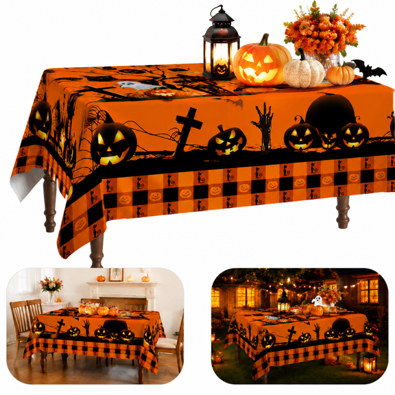 Halloween Tablecloth Reusable, Orange and Black Ghost Pumpkin Plaid Castle Table Cloth, Washable Rectangular Halloween Table Decor for Party Picnic Dinner