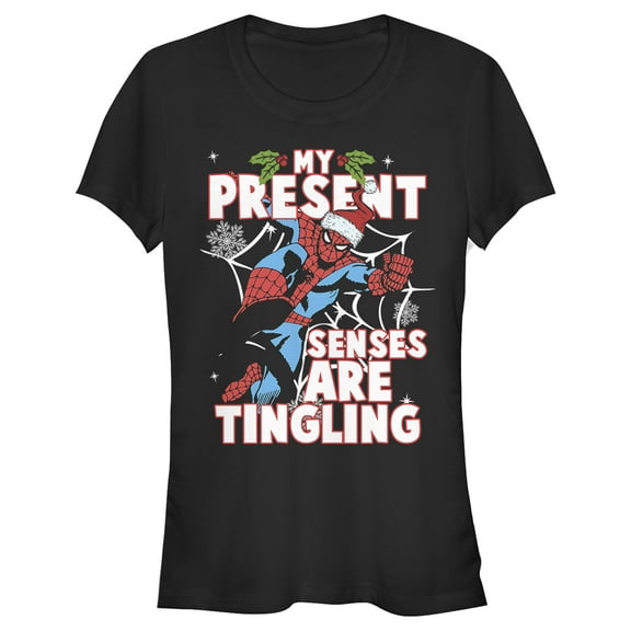 Junior's Marvel Spider-Man Present Senses Tingling Holiday  Graphic Tee Black Medium