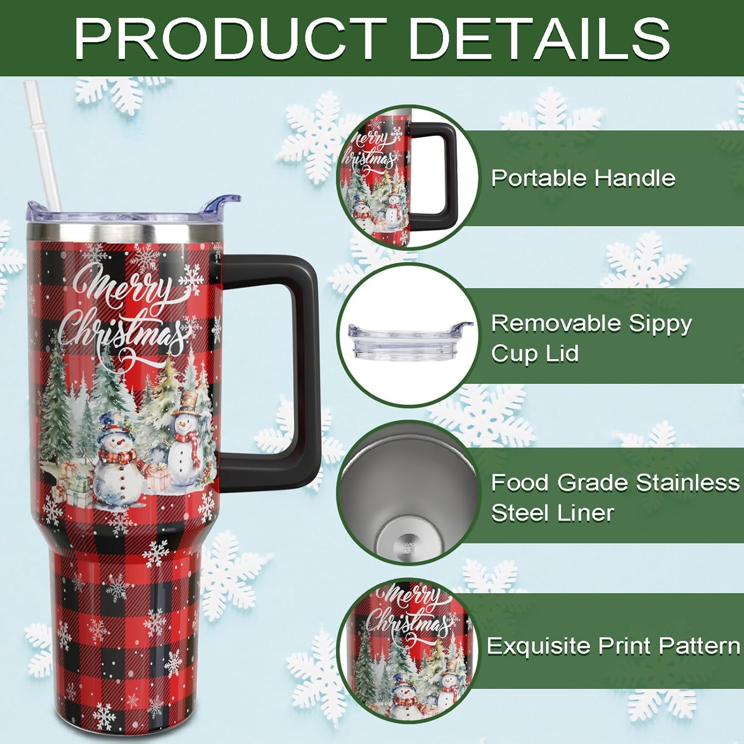 40oz Christmas Tumbler With Handle Lid and Straw, Stainless Steel Xmas Insulated Coffee Cup, Christmas Gifts for Women/Mom/Daughter/Aunt/Girlfriend